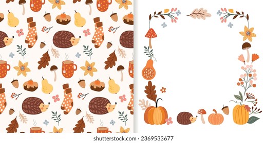 Conjunto de otoño que incluye un patrón decorativo sin costura, papel pintado lindo, fondo con diferentes elementos de temporada acogedores, y tarjeta de saludo con diseño de marco otoñal, hedgehog, calabazas