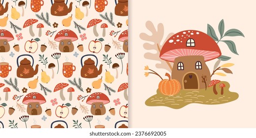 Autumn set including decorative seamless pattern, wallpaper, background with different seasonal cozy elements, and greeting card with big mushroom and plants