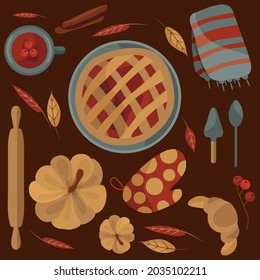 Autumn set. Ingredients for pumpkin pie. Rolling pin, spoon, cranberry pie, pumpkin pie for Thanksgiving, food for Thanksgiving, vector illustration of food. Delicious, hot cranberry tea.