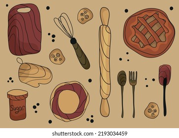 Autumn set. Ingredients for pumpkin pie. Rolling pin, spoon, cup holder, sugar, plate, broom, spoon, fork, cookies, peas, cutting . Thanksgiving day, Thanksgiving food, vector illustration of food.