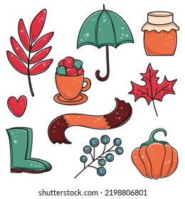 Autumn set of items for comfort. Bundle of umbrella, rubber boots, scarf, honey, pumpkin, maple leaf, berries, coffee with marshmallows. Hand drawn fall seasonal isolated elements vector illustration