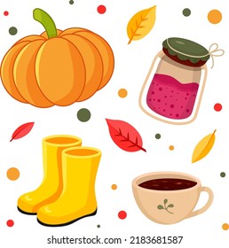 
Autumn set of items. a pumpkin, a cup of hot drink, a jar of jam, rubber boots
