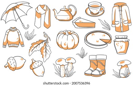 Autumn set. Large collection of autumn items. Pumpkin, tea, raincoat, scarf, boots, mushrooms, acorns in line style. Vector illustration for design and decoration.