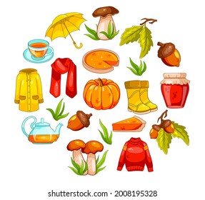 Autumn set. Large collection of autumn items. Pumpkin, tea, raincoat, scarf, boots, mushrooms, acorns in cartoon style. Vector illustration for design and decoration.