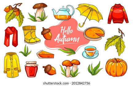 Autumn set. Large collection of autumn items. Pumpkin, tea, raincoat, scarf, boots, mushrooms, acorns in cartoon style. Vector illustration for design and decoration.