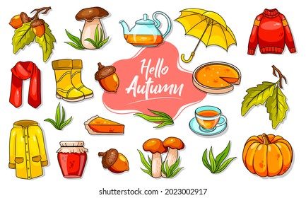 Autumn set. Large collection of autumn items. Pumpkin, tea, raincoat, scarf, boots, mushrooms, acorns in cartoon style. Vector illustration for design and decoration.