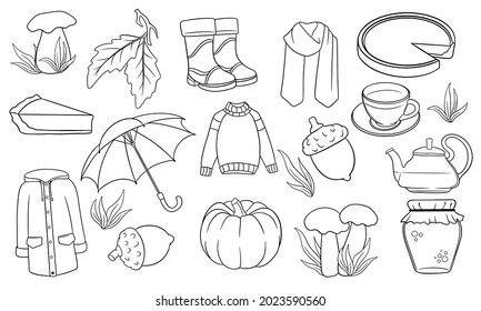 Autumn set. Large collection of autumn items. Pumpkin, tea, raincoat, scarf, boots, mushrooms, acorns in line style. Vector illustration for design and decoration.