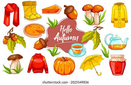 Autumn set. Large collection of autumn items. Pumpkin, tea, raincoat, scarf, boots, mushrooms, acorns in cartoon style. Vector illustration for design and decoration.