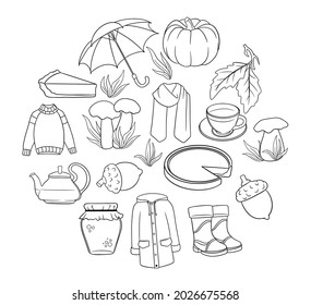 Autumn set. Large collection of autumn items. Pumpkin, tea, raincoat, scarf, boots, mushrooms, acorns in line style. Vector illustration for design and decoration.