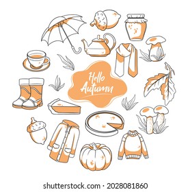 Autumn set. Large collection of autumn items. Pumpkin, tea, raincoat, scarf, boots, mushrooms, acorns in line style. Vector illustration for design and decoration.