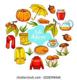 Autumn set. Large collection of autumn items. Pumpkin, tea, raincoat, scarf, boots, mushrooms, acorns in cartoon style. Vector illustration for design and decoration.