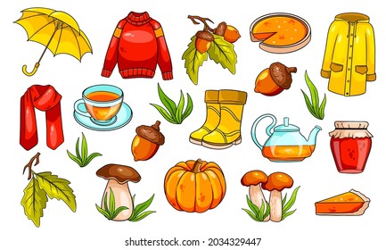 Autumn set. Large collection of autumn items. Pumpkin, tea, raincoat, scarf, boots, mushrooms, acorns in cartoon style. Vector illustration for design and decoration.