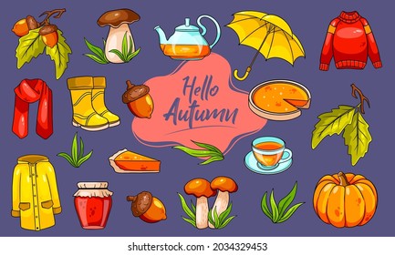 Autumn set. Large collection of autumn items. Pumpkin, tea, raincoat, scarf, boots, mushrooms, acorns in cartoon style. Vector illustration for design and decoration.