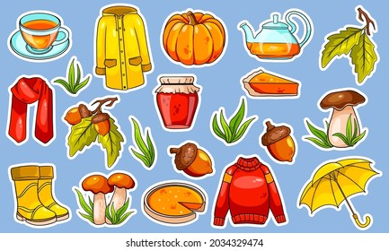 Autumn set. Large collection of autumn items Stickers. Pumpkin, tea, raincoat, scarf, boots, mushrooms, acorns in cartoon style. Vector illustration for design and decoration.