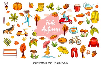 Autumn set. A large collection of objects and people dedicated to autumn. Cartoon style. Vector illustration for design and decoration.