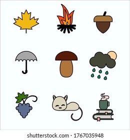 Autumn set. Leaf, bonfire, acorn, umbrella, mushroom, rain grapes cat cup and tea Stickers Vector illustration