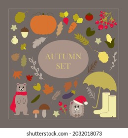 autumn set of leaves, animals and vegetables