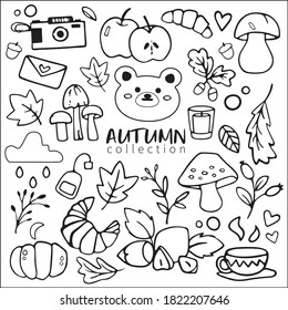 autumn set of leaves, branches, bear, nuts and hearts. Seasonal icon set