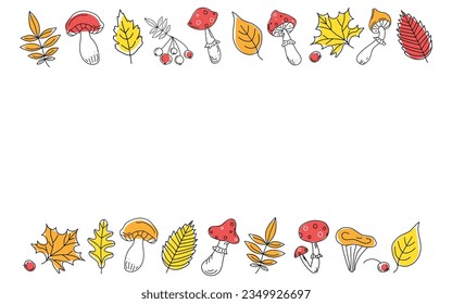 Autumn set leaves, mushrooms and berries. Border frame. Place for text. Fly agaric, rowan branch, maple leaf, doodle, drawings, sketch. Vector illustration on color spots. Background white isolated.