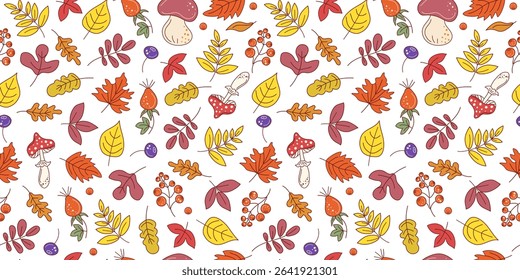 Autumn set of leaves, mushrooms and berries. Pattern seamless. Fly berry, branches doodle, drawings, sketch. Natural botanical repeating background.