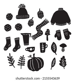 Autumn set leaves, pumpkin, sweater in linocard style. Black and white illustration isolated