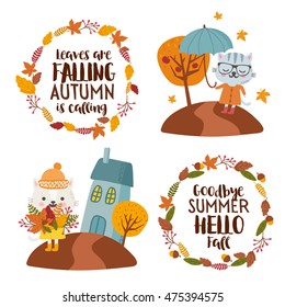Autumn set with leaves wreath and cats illustration. Animals with umbrella and beauty bouquet. Wreath of leaves collection with typography.