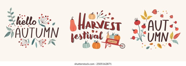 Autumn set of lettering in trendy flat design. Autumn mood phrases with cute design elements in minimal style. Hand drawn leaves, plants, pumpkins. Falling season concept vector illustration.
