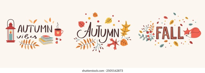 Conjunto de letras de otoño en diseño plano de moda. Frases de sentimiento de otoño con Elementos de diseño lindos en estilo minimalista. Hojas, plantas, calabazas dibujadas a mano. Ilustración vectorial de concepto de temporada de otoño.
