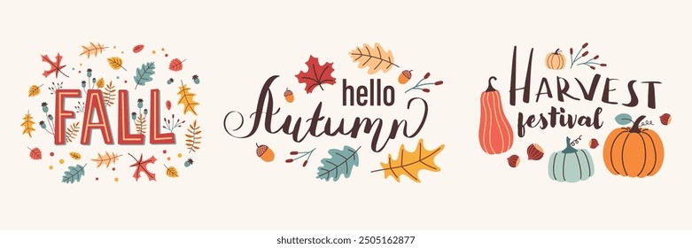 Autumn set of lettering in trendy flat design. Autumn mood phrases with cute design elements in minimal style. Hand drawn leaves, plants, pumpkins. Falling season concept vector illustration.
