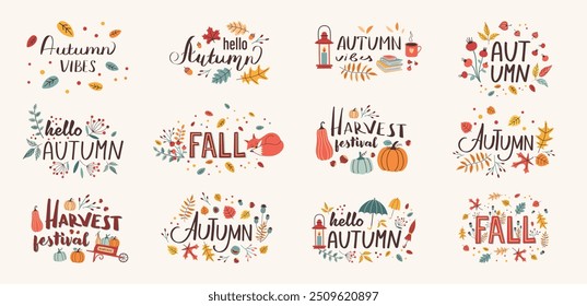 Autumn set of lettering in trendy flat design. Autumn mood phrases with cute design elements in minimal style. Hand drawn leaves, plants, pumpkins. Falling season concept vector illustration.
