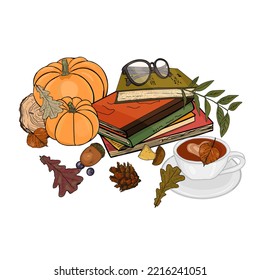 Autumn set. Lots of vegetables, books, glasses, coffee. Eggplants, cabbage, pepper, pumpkin, cucumber, tomato, carrot and other vegetables. Organic healthy food. Vegetarian food. illustration in flat 