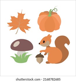 Autumn set. Maple Leaf. Pumpkin. Mushroom. Squirrel with an acorn. Vector illustration isolated on white background.