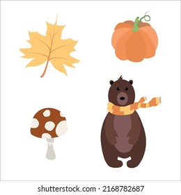 Autumn set. Maple Leaf. Pumpkin. Fly agaric. Bear with a scarf. Vector illustration isolated on white background.