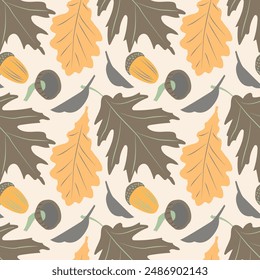 Autumn set with maple, oak leaves, acorns and berries. Orange, Green, brown, beige colors. For the design of postcards, patterns, invitations, backgrounds, posters, banners