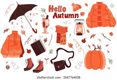 Autumn set with men's clothing vector. Falling leaves and cozy things. The Men's fall style. Clothes and accessories fashion illustration. Umbrella, pumpkin, mulled wine, jacket, hoodie.