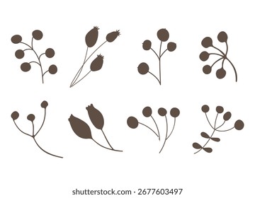 Autumn set of natural elements. Set of autumn branches with leaves, berries, mushrooms, nuts. Colored flat vector illustration on white background