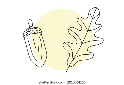 Autumn Set oak leaf and acorn in doodle style. Black outline on yellow spot. Vector graphics with isolated background.