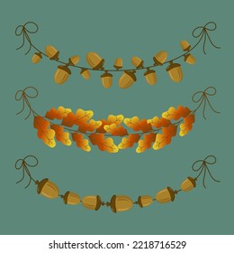 Autumn set. Oak leaves and acorns are strung on a string. Vector icon, cartoon fallen leaf, brown dry tree leaf, design element, isolated natural object. 