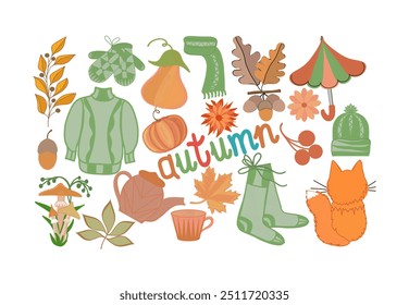 Autumn, set of objects, branches, mushrooms, acorns, warm clothes, color drawing
