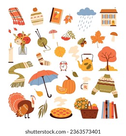 Autumn set. Objects isolated on white background. Flat vector illustration. Happy fall