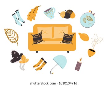 Autumn set on a hyugge theme. A set of 13 elements in warm colors. Decoration of blogs, postcards, invitations. Autumn mood, time for creativity and needlework. Vector graphics.