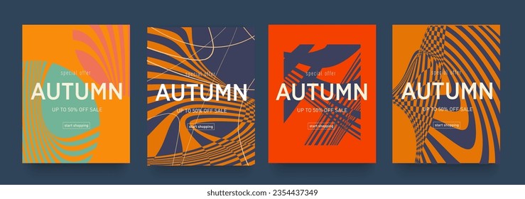 Autumn Set Optical illusion. Geometric Psychedelic 50s for Banner, Poster, Website, Placard, Cover, Advertising. 3d Background Wavy Trippy Patterns. Vector Offer 50%.