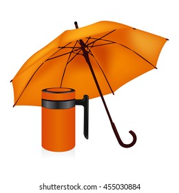 Autumn set orange umbrella and vacuum insulated stainless steel mug vector