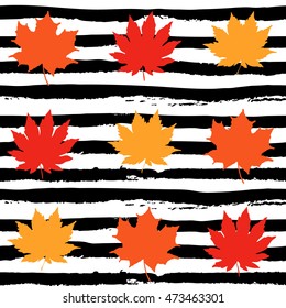 autumn set of autumn orange, yellow and red  leaves on white and black background, vector, a seamless pattern with yellow; red and orange fall leaves