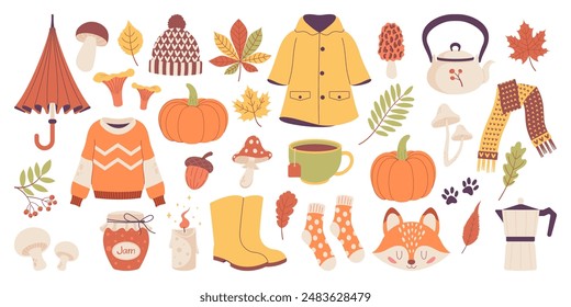 Autumn set, autumn pictures, collection of design elements with leaves, pumpkins, sweater, wreaths and others. Hand drawn vector illustration.