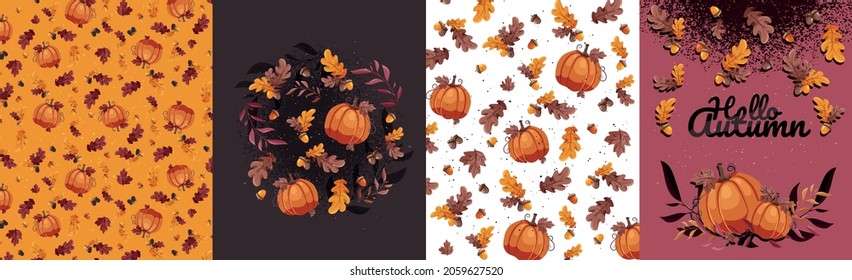 Autumn set with postcard or poster, textile or wallpaper pattern and background. Falling oak leaves, pumpkins and acorns. Hello Autumn