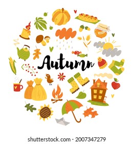 Autumn set with pumpkin, bird, umbrella, teapot and others. Hand drawn flat cartoon elements in round frame. Vector illustration