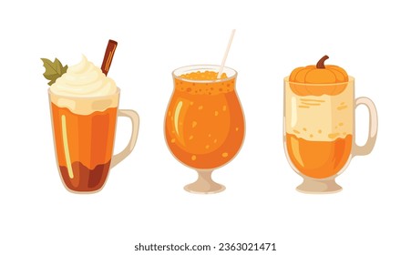 Autumn set of pumpkin drinks fresh and pumpkin latte.. Autumn mood. Vector illustrated element.