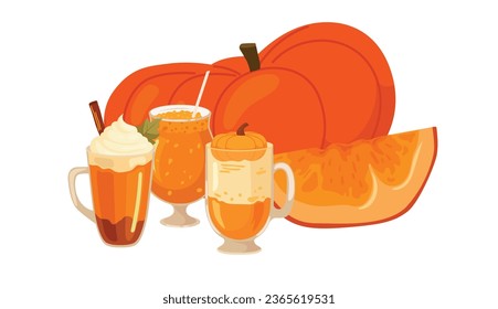 Autumn set of pumpkin drinks fresh and pumpkin latte.. Autumn mood. Vector illustrated element.
