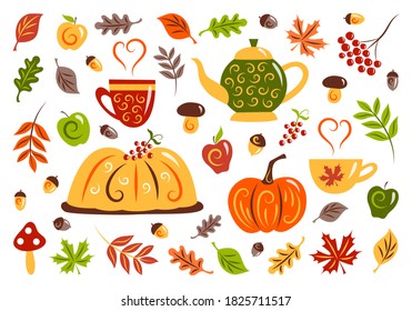 Conjunto de otoño: tarta de calabaza, manzanas, champiñones, calabaza, bayas, bellotas, hojas amarillentas, hervidor y tazas con bebida caliente. Festival de la Cosecha. Gracias. Jardinería. Diseño plano. Objeto aislado. Vector.